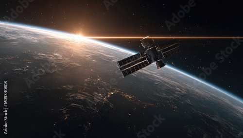 Fototapeta Naklejka Na Ścianę i Meble -  Space station orbiting Earth at sunrise