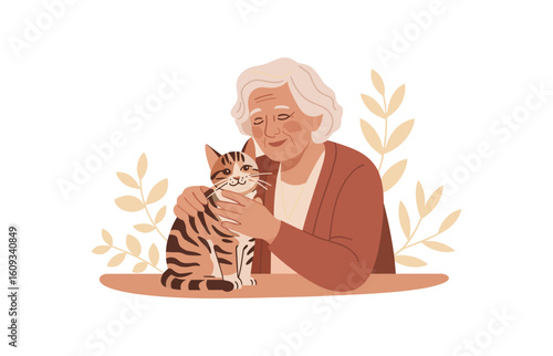 An elderly woman lovingly pets her adorable tabby cat in a heartwarming illustration.