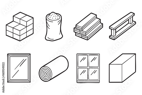 Stacked blocks sack of material wooden planks steel beam framed window rolled material window pane brick