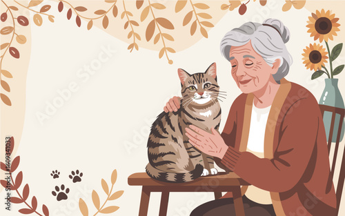 A heartwarming illustration of a senior woman tenderly petting her cat
