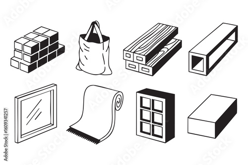 Stacked cubes wooden planks tote bag rolled blanket framed mirror shelving unit and rectangular prism