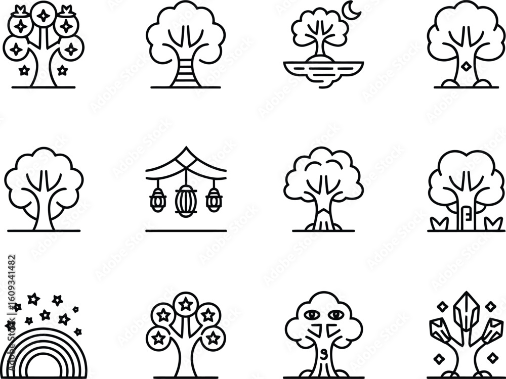 Fototapeta premium Collection of hand drawn tree icons with nature elements and celestial symbols