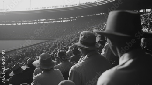 Crowd of men wearing hats attending a sporting event in a classic 1930s stadium. Suitable for historical content, editorial, education, and retro design.