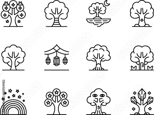 Collection of hand drawn tree icons with nature elements and celestial symbols
