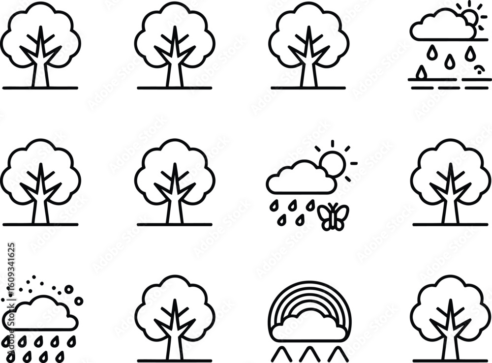 Obraz premium Set of nature icons featuring trees and weather elements