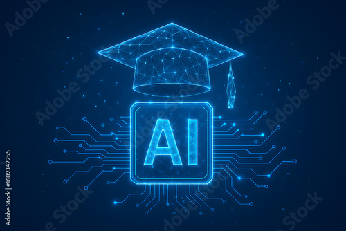 AI education : A conceptual depiction of artificial intelligence education. A graduation cap over an AI chip, illustrating the intersection of technology and learning.