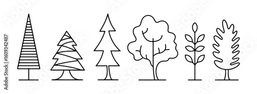 tree icon set with outline forest and plant symbols