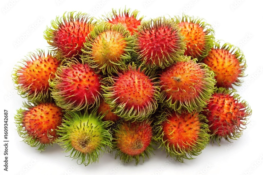 Fototapeta premium Pile of fresh and vibrant rambutans with a unique spiky appearance