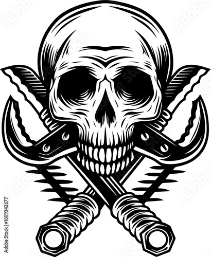 SVG of a mechanic skull design in a bold, detailed tattoo style. Skull Design with Tools and Crossed Wrenches in Black Ink Style