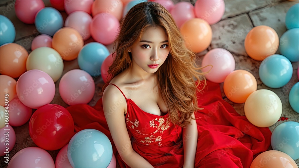 Obraz premium Young Woman in Red Dress Surrounded by Colorful Balloons