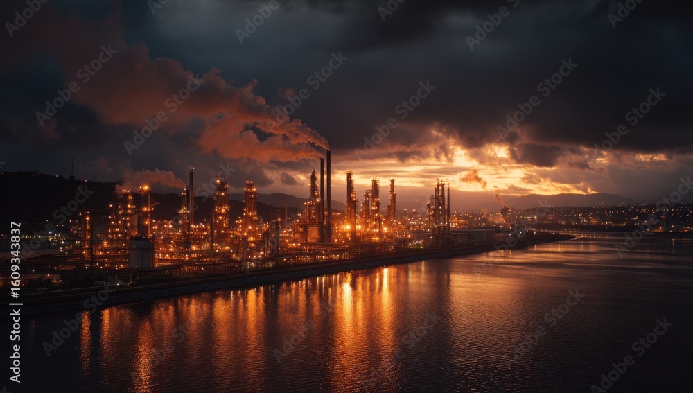 Illuminated industrial complex reflects in the water under a dramatic, colorful sunset sky, creating a striking scene of energy and infrastructure. Illuminated industrial complex reflects in the water under a dramatic, colorful sunset sky, creating a striking scene of energy and infrastructure.
