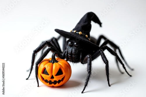 Spooky Spider with Pumpkin and Witch Hat for Halloween Decor