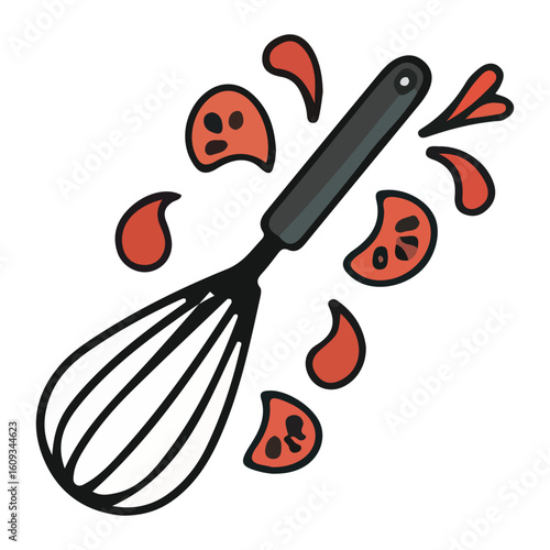 A whimsical illustration showcases a whisk surrounded by vibrant tomato pieces, blending cooking tools and fresh ingredients in a playful design.