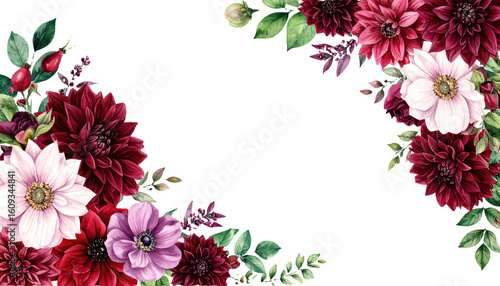 Floral Corner Border Red, burgundy, maroon Watercolor Flowers Dahlias, poppies, rose  png