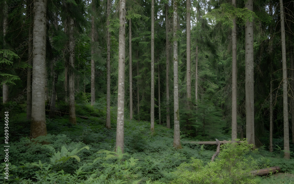 Fototapeta premium Dense green forest with tall evergreen trees and undergrowth