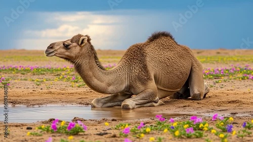 A camel rests in a puddle surrounded by colorful wildflowers under a cloudy sky.