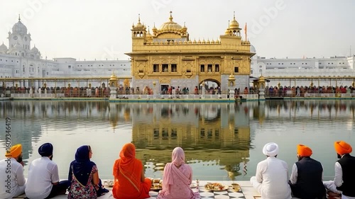 Golden Temple, Amritsar, Sikhs praying by the sacred pool, reflecting the magnificent gurdwara.