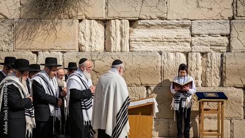 Jewish men praying at the Western Wall, a young boy reads from a prayer book.