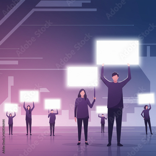 Vector Illustration of Protesters Holding Blank Signs at Night
