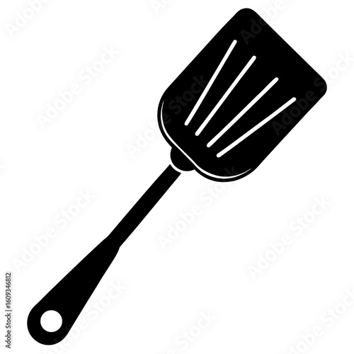 Black silhouette of a slotted spatula on a white background