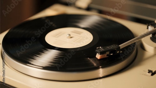 A vinyl record playing on a turntable with a stylus in motion