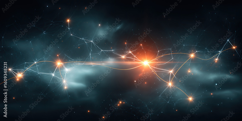 Obraz premium Ethereal Neuron‑Like Web with Glowing Nodes & Red‑Orange Central Flare