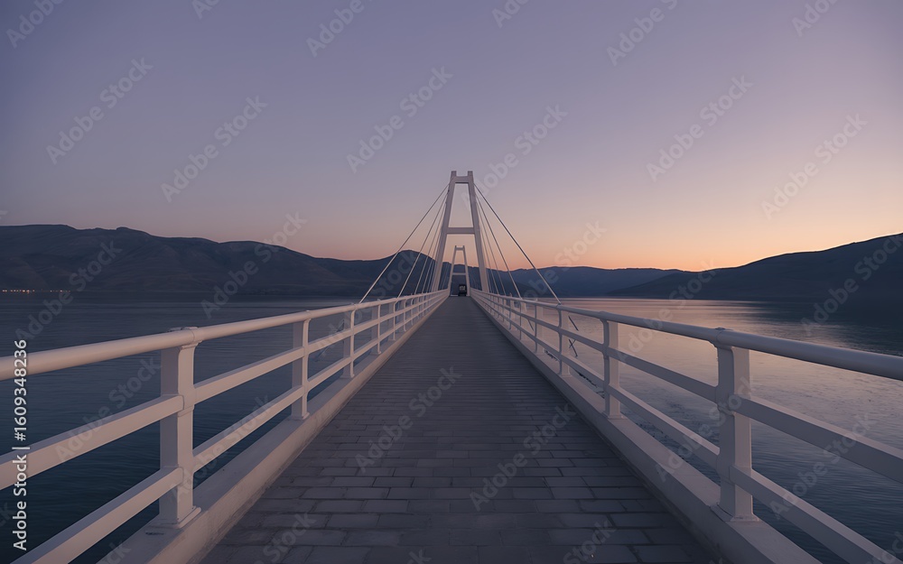Fototapeta premium White suspension bridge walkway at dusk over water