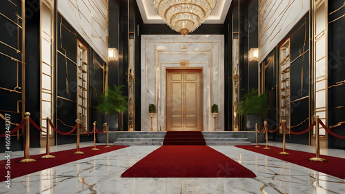 Luxurious hotel entrance with red carpet, golden accents, and chandelier lights, high-end interior featuring marble flooring, decorative pillars