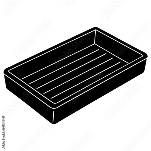 Black rectangular tray with parallel grooves