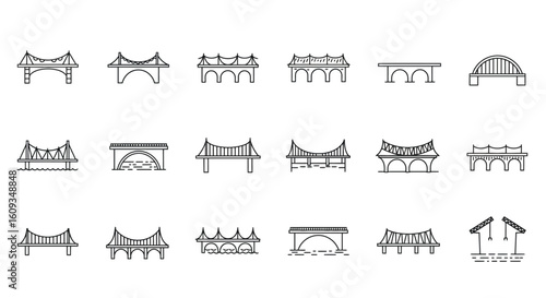 Bridge Icon Set – Minimal Vector Silhouettes of Modern and Classic Bridge Types