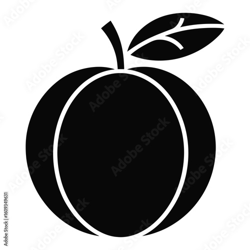 Black silhouette of a plum with a leaf and stem on a white background fruit