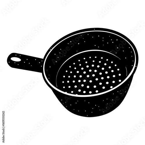 Black and white illustration of a colander with a handle