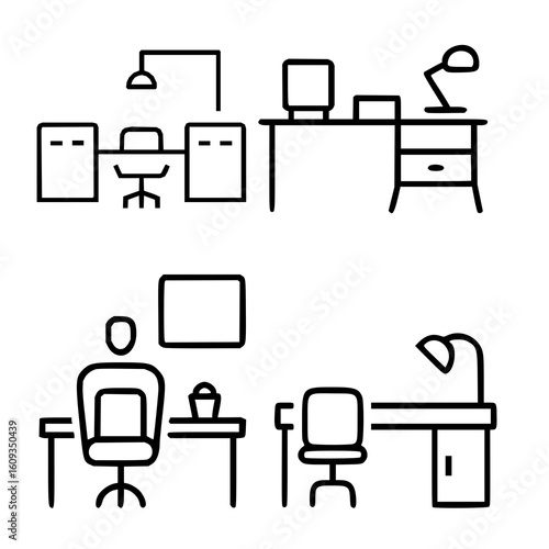 A simple line-art collection showing various office desks, chairs, computers, and lamps.
