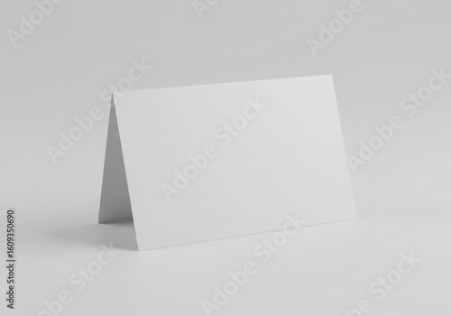 Blank white folded card standing up isolated on white background
