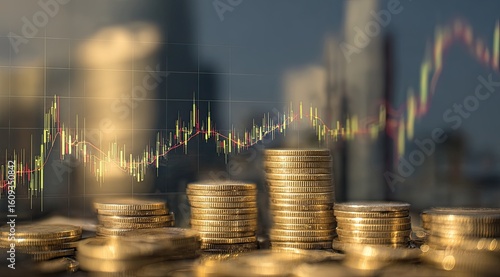 Stacks of gold coins with a stock market chart overlayed