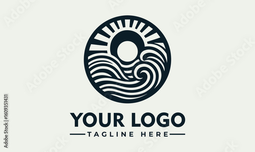 Circular logo design featuring a sun rising over stylized ocean waves, perfect for branding.