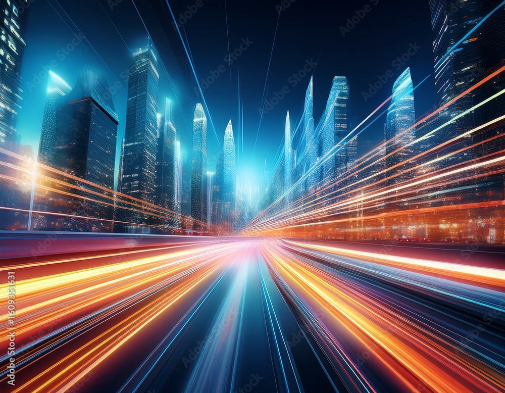 Fototapeta premium high speed motion blur cityscape with bright light for modern transport technology urban dynamic energy background