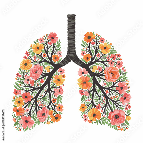 Floral Lung Illustration A Delicate Balance of Health and Beauty Depicting Respiratory Wellness with Artistic Flair and Botanical Elements