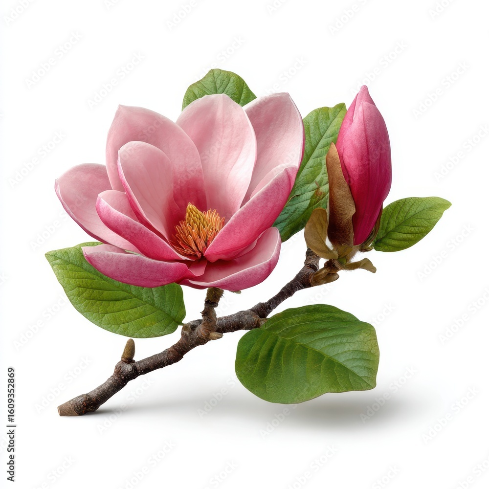 Fototapeta premium Pink magnolia blossom with bud and leaves on a branch isolated on white background.