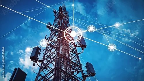Communication tower with technology signals against a vibrant blue sky, symbolizing connectivity