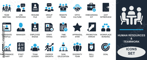 Minimal solid human resources and teamwork icon set. Featuring HR, hiring, resume, employee, teamwork, training, job interview, feedback, skills, and career growth. Ideal for apps, UI, and business us