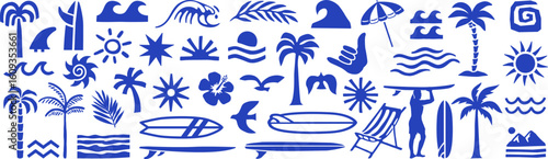 Surf and beach icon vector set with tropical elements like palm trees, waves, surfboards, and sun. Perfect for summer designs, t-shirts, posters, stickers, and coastal branding.