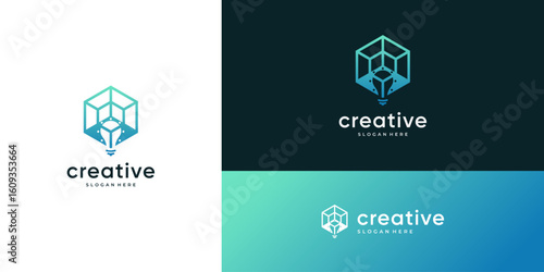 Abstract combine light bulb and geometric hexagon cube vector logo design icon inspiration.