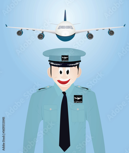 Captain in front of airplane. vector	
