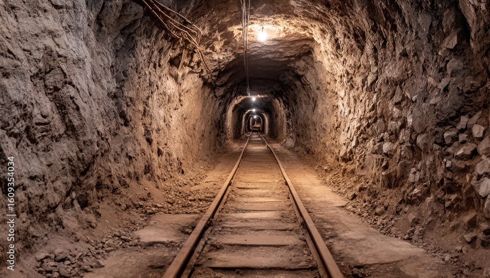 Naklejka premium Dark, rocky mine tunnel with tracks