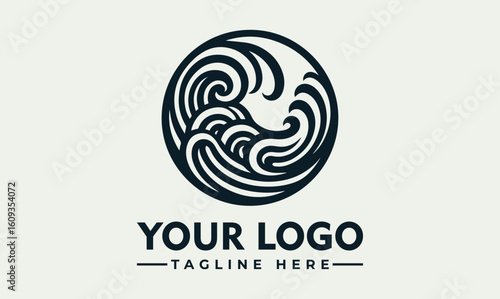 Stylized ocean wave logo design within a circular frame, perfect for a nautical or water-related brand.