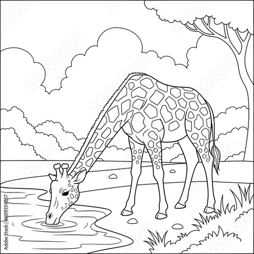 Cute Cartoon Giraffe Drinking Water from Pond — Fun Wildlife Coloring Page for Kids, Black and White Line Art Jungle Scene