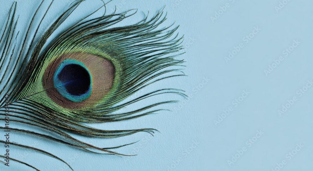 Obraz premium Peacock feather on light blue background