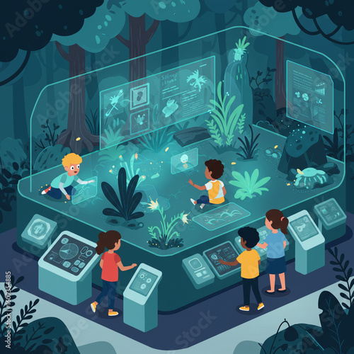 Vector illustration of children exploring interactive science exhibit in digital nature museum