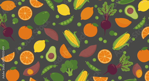 Assorted Fruits and Vegetables Pattern on Dark Background